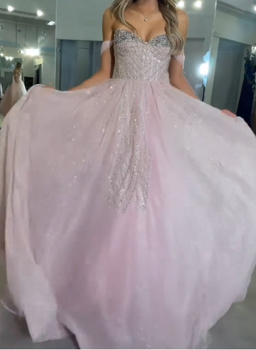 Niulatu Pink Off-the-Shoulder A-Line Prom Dresses Glitter Tulle Evening Gowns Sweet 18th Birthday Dress Graduation Dress HZ1031